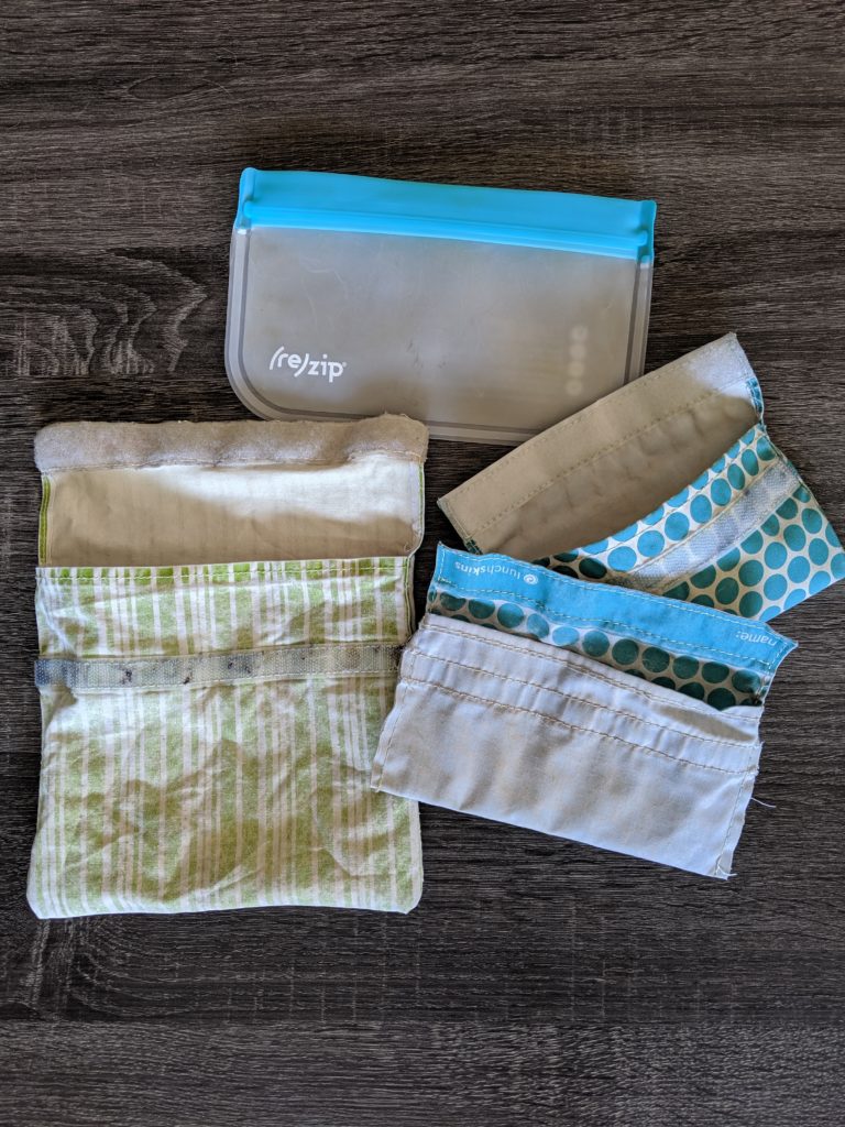Zero waste products: food baggies - 3 cloth with velcro and 1 silicone with zipper type seal.